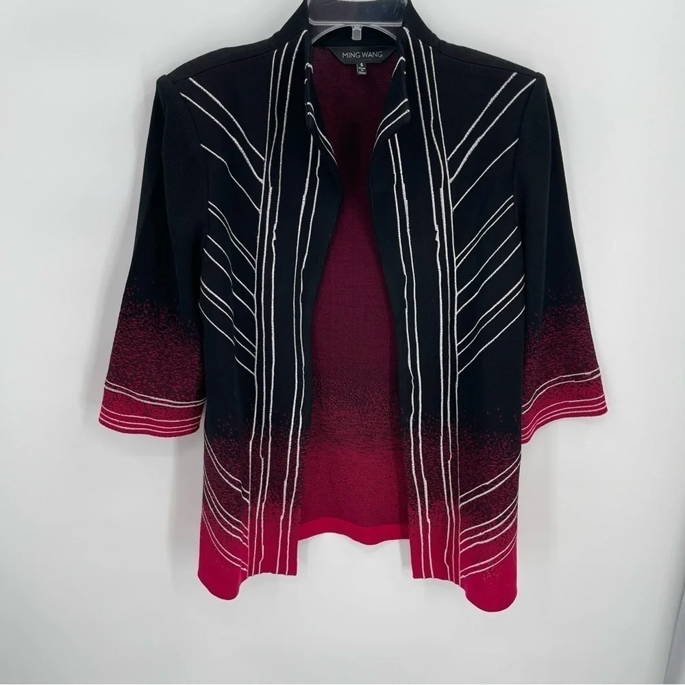 Ming Wang Womens size Small Open Cardigan Jacket Black Red white 3/4 sleeves - Picture 7 of 9